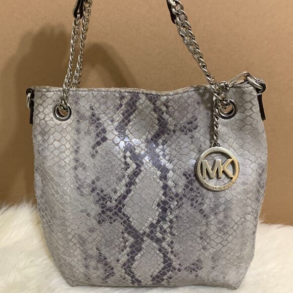 MICHAEL KORS JET SET Gray Python Leather North South Convertible Chain Hobo - Picture 11 of 16